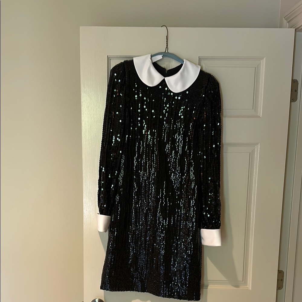 Black Sequin Dress with White Collar